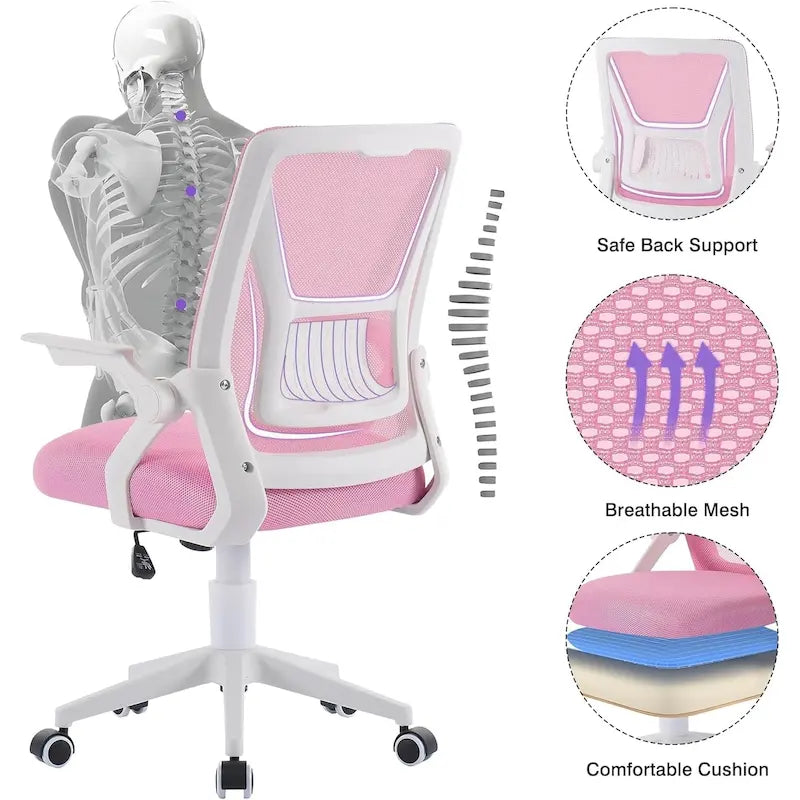Chaise de bureau à dossier mi-haut avec soutien lombaire et accoudoirs, chaise ergonomique en maille pour ordinateur