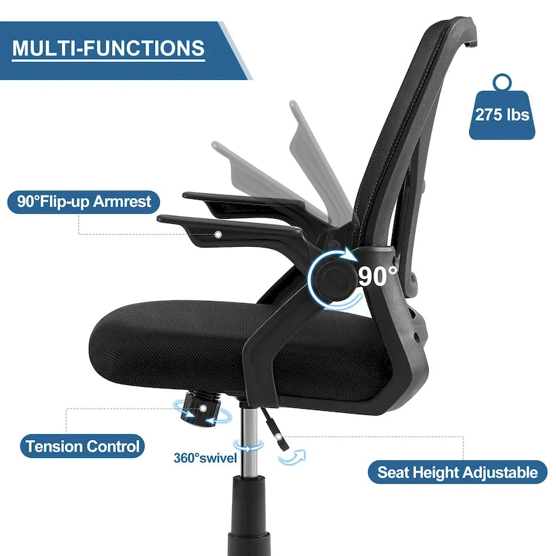 Chaise de bureau à dossier mi-haut avec soutien lombaire et accoudoirs, chaise ergonomique en maille pour ordinateur