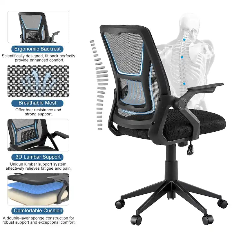 Chaise de bureau à dossier mi-haut avec soutien lombaire et accoudoirs, chaise ergonomique en maille pour ordinateur