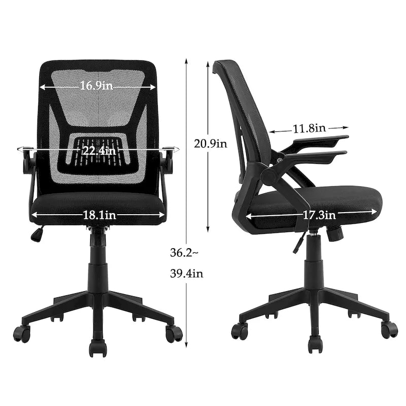 Chaise de bureau à dossier mi-haut avec soutien lombaire et accoudoirs, chaise ergonomique en maille pour ordinateur