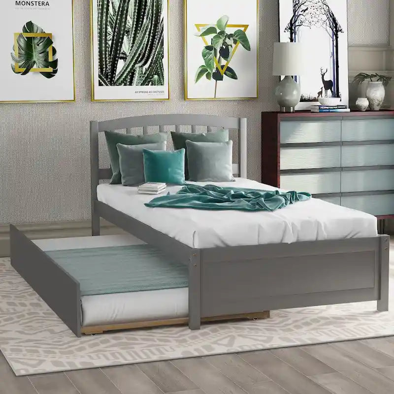 Lit plateforme double gris en bois avec lit gigogne