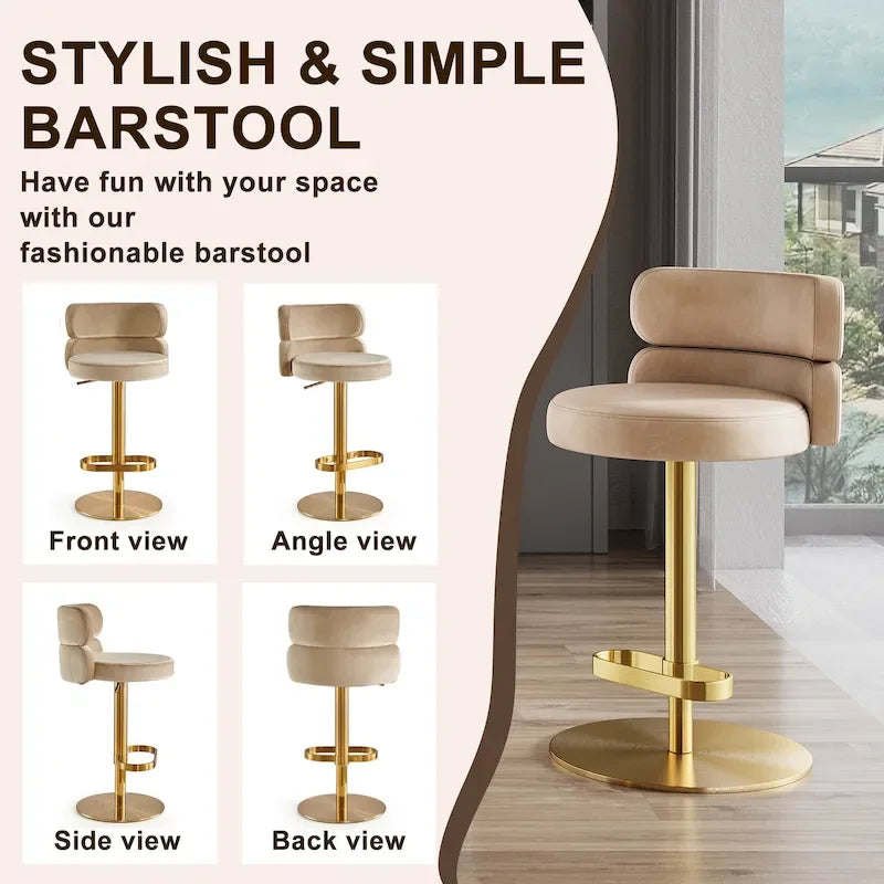 Tabouret de bar en velours réglable en hauteur et pivotant