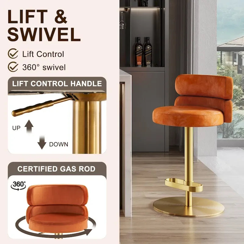 Tabouret de bar en velours réglable en hauteur et pivotant