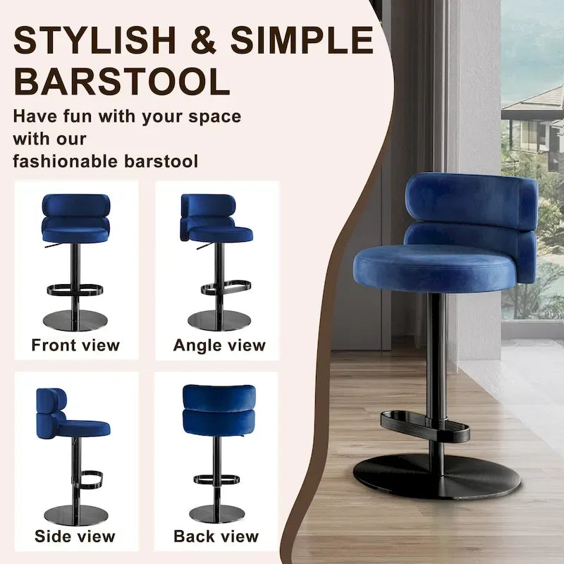 Tabouret de bar en velours réglable en hauteur et pivotant