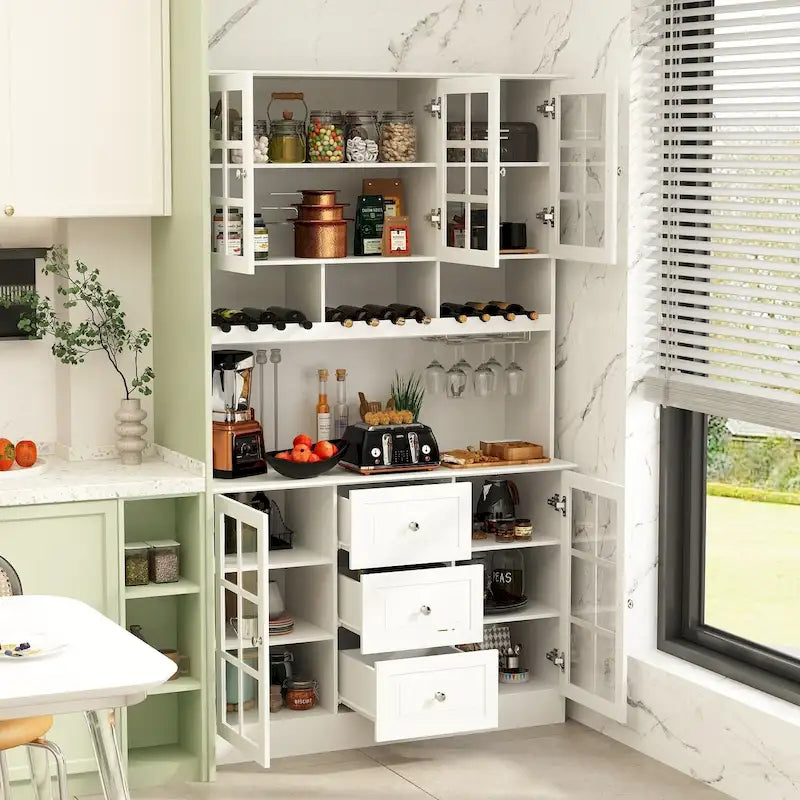 79Armoire de Rangement de Cuisine avec Portes Vitrées, Buffet Laqué