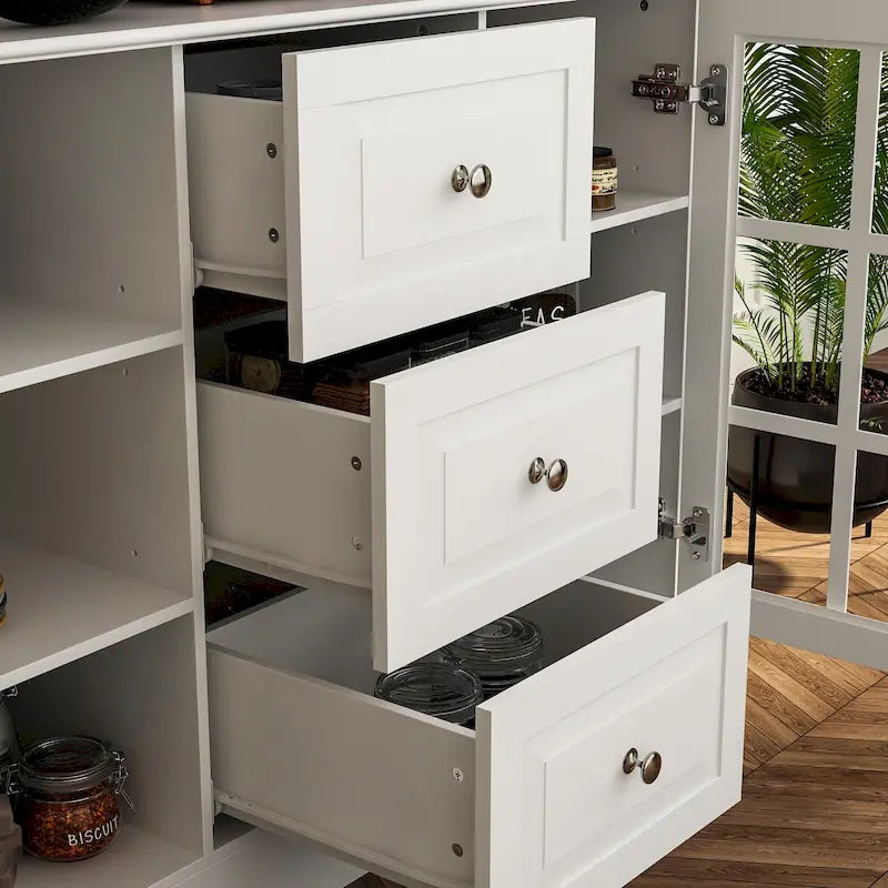 79Armoire de Rangement de Cuisine avec Portes Vitrées, Buffet Laqué