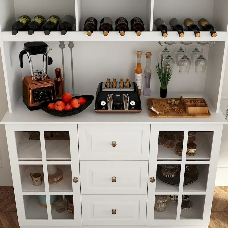 79Armoire de Rangement de Cuisine avec Portes Vitrées, Buffet Laqué