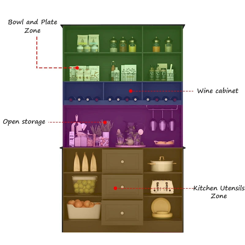 79Armoire de Rangement de Cuisine avec Portes Vitrées, Buffet Laqué