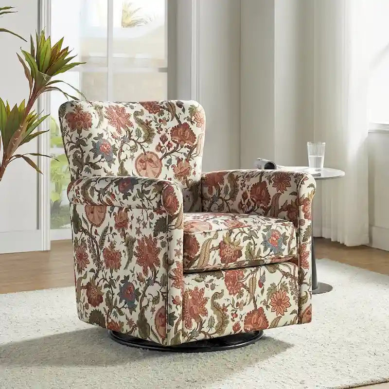 Fauteuil à bascule pivotant en tissu fleuri confortable avec accoudoirs roulés