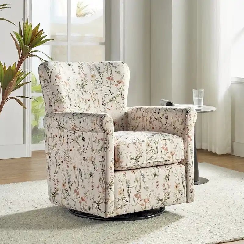 Fauteuil à bascule pivotant en tissu fleuri confortable avec accoudoirs roulés