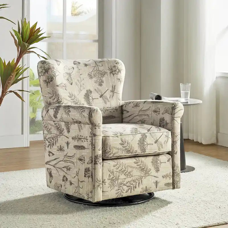 Fauteuil à bascule pivotant en tissu fleuri confortable avec accoudoirs roulés