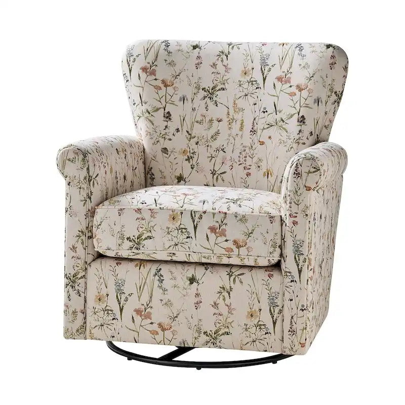 Fauteuil à bascule pivotant en tissu fleuri confortable avec accoudoirs roulés