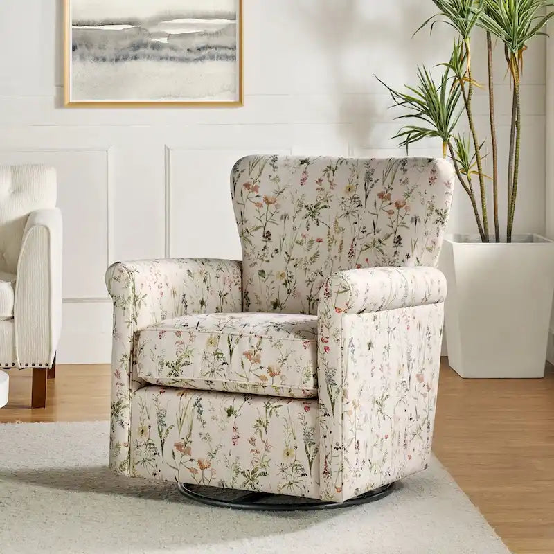 Fauteuil à bascule pivotant en tissu fleuri confortable avec accoudoirs roulés