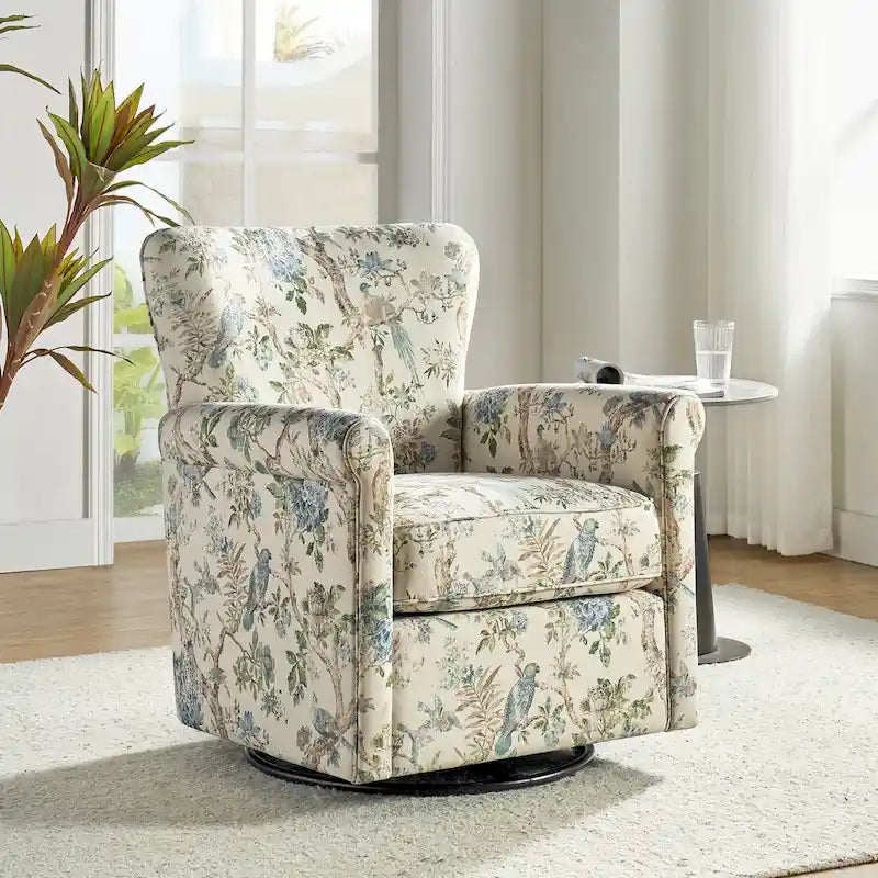 Fauteuil à bascule pivotant en tissu fleuri confortable avec accoudoirs roulés
