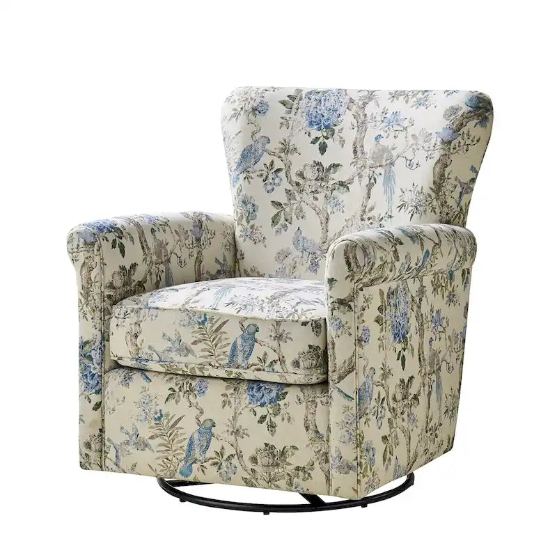 Fauteuil à bascule pivotant en tissu fleuri confortable avec accoudoirs roulés