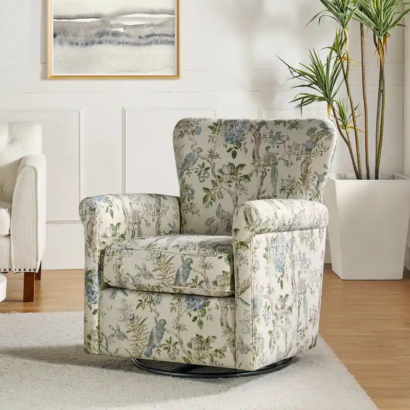 Fauteuil à bascule pivotant en tissu fleuri confortable avec accoudoirs roulés