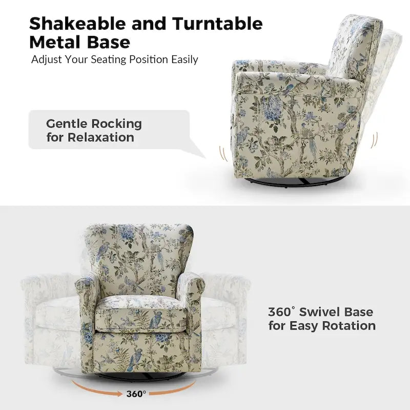 Fauteuil à bascule pivotant en tissu fleuri confortable avec accoudoirs roulés
