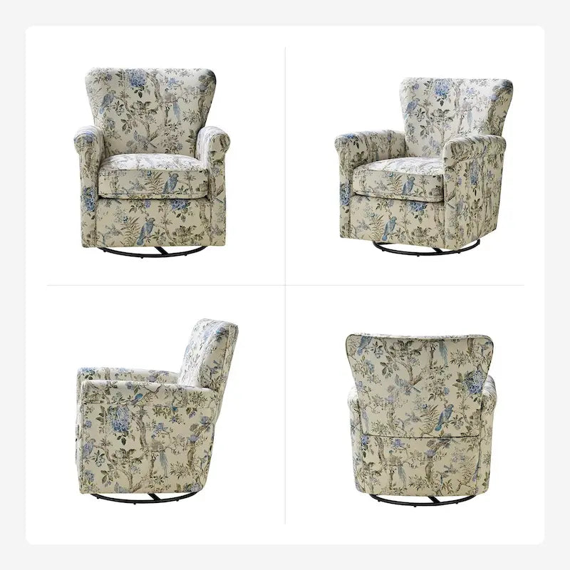 Fauteuil à bascule pivotant en tissu fleuri confortable avec accoudoirs roulés