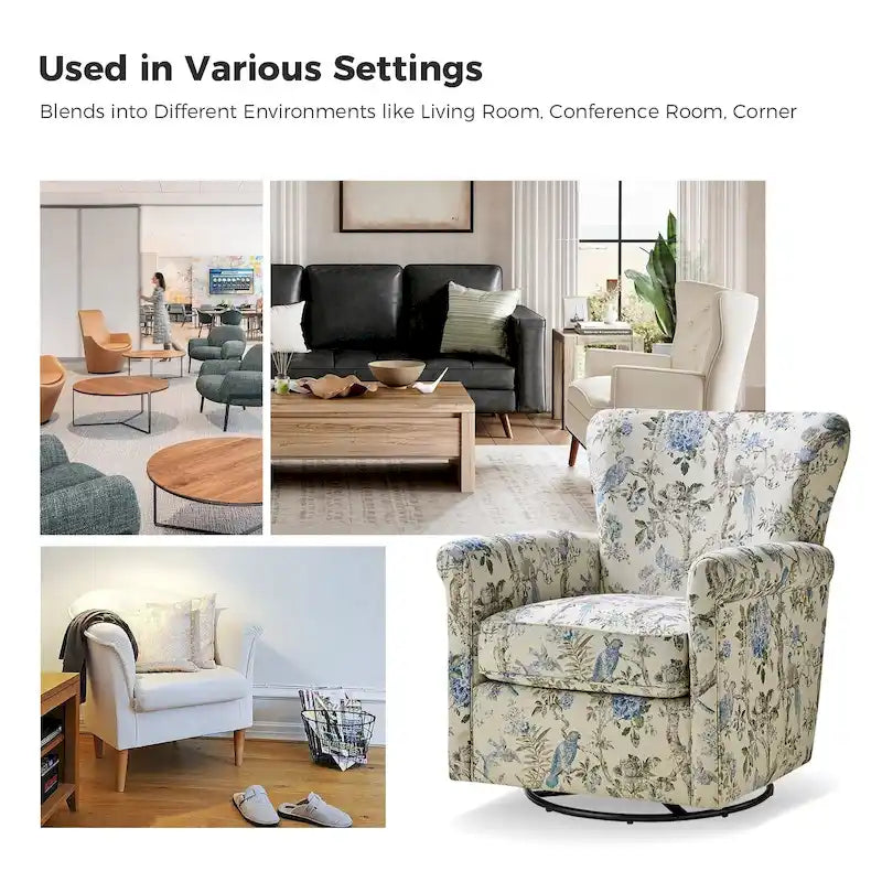Fauteuil à bascule pivotant en tissu fleuri confortable avec accoudoirs roulés