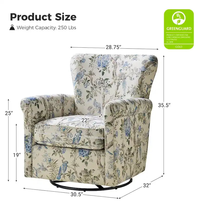 Fauteuil à bascule pivotant en tissu fleuri confortable avec accoudoirs roulés