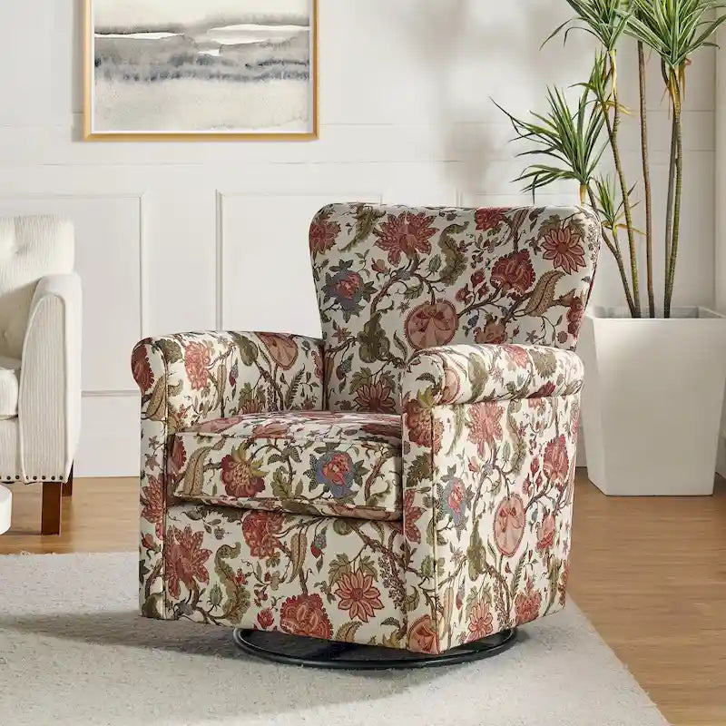 Fauteuil à bascule pivotant en tissu fleuri confortable avec accoudoirs roulés