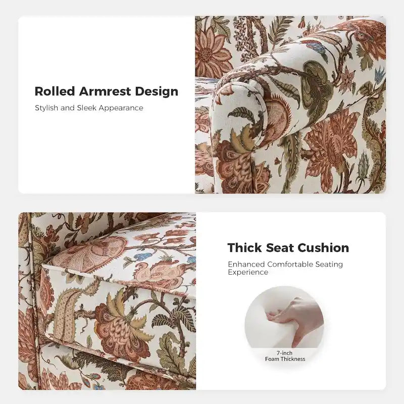 Fauteuil à bascule pivotant en tissu fleuri confortable avec accoudoirs roulés