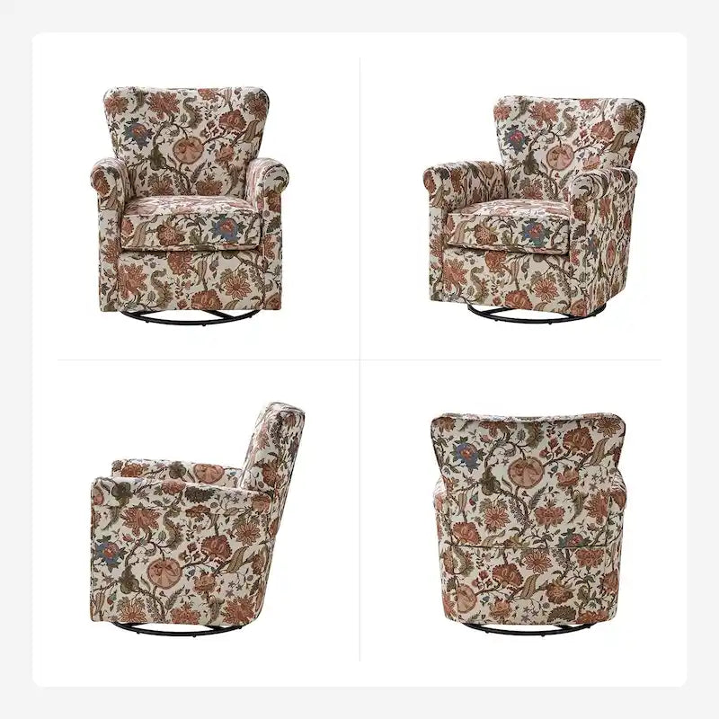 Fauteuil à bascule pivotant en tissu fleuri confortable avec accoudoirs roulés