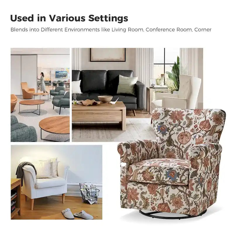Fauteuil à bascule pivotant en tissu fleuri confortable avec accoudoirs roulés