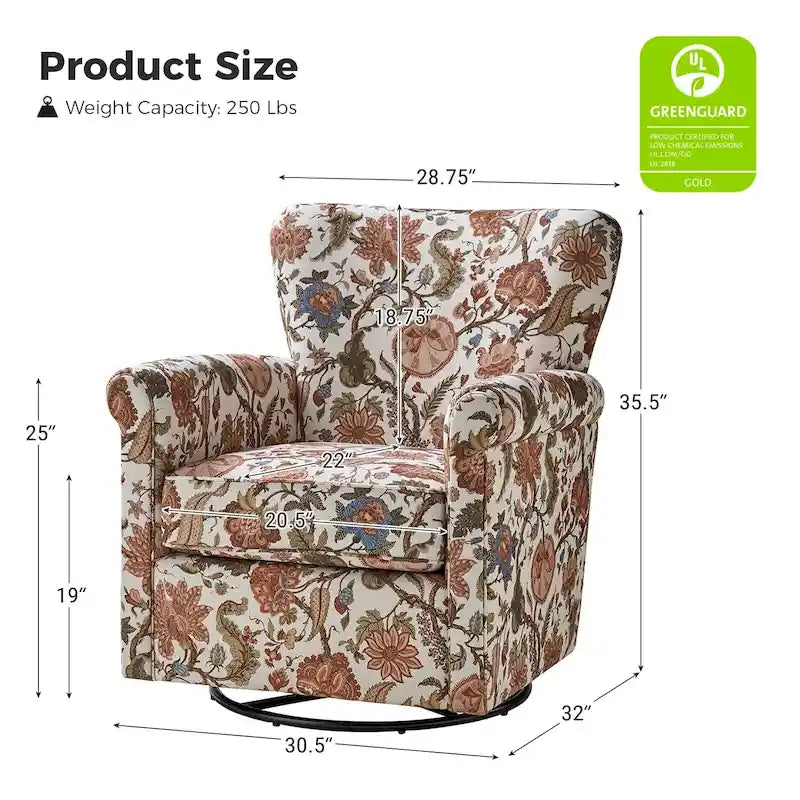 Fauteuil à bascule pivotant en tissu fleuri confortable avec accoudoirs roulés