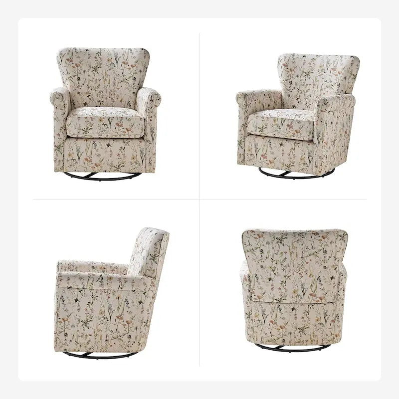 Fauteuil à bascule pivotant en tissu fleuri confortable avec accoudoirs roulés