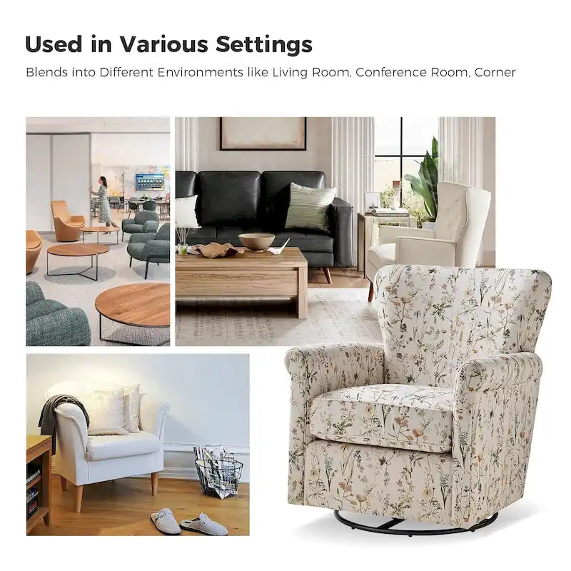 Fauteuil à bascule pivotant en tissu fleuri confortable avec accoudoirs roulés