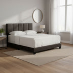 Arty Black Brown Faux Leather Bed with Line Stitch Tufting
