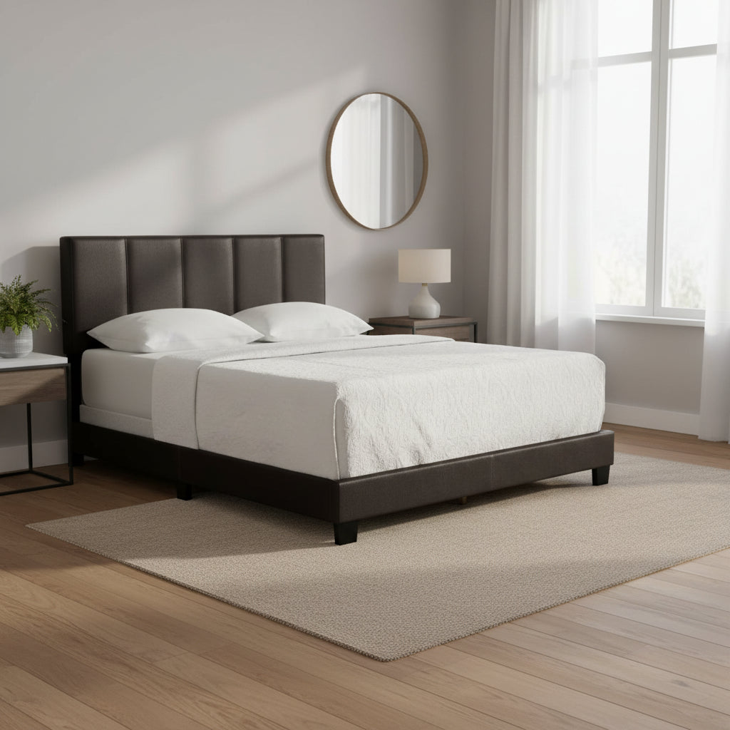 Arty Black Brown Faux Leather Bed with Line Stitch Tufting
