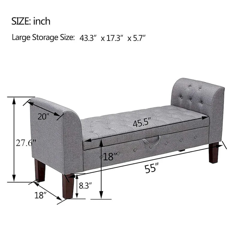 Banc de rangement, Banc de chambre avec accoudoirs, Banc d'entrée ottoman avec rangement