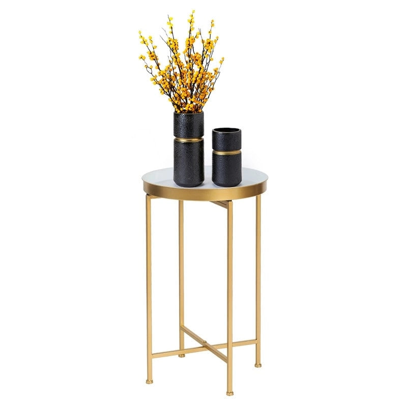 Table d'appoint ronde en métal doré - Tables basses d'appoint - 15(P)x 15(L)x 25.7(H)