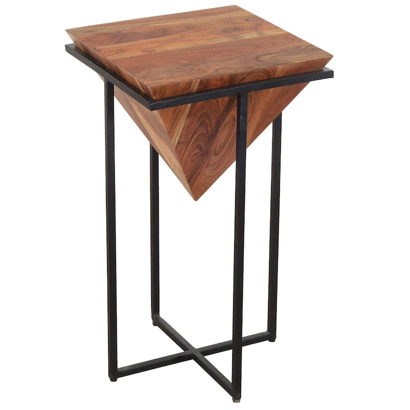 Table d'appoint en bois d'acacia de 26 pouces en forme de pyramide avec base en fer croisé, marron et noir