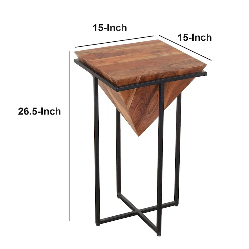 Table d'appoint en bois d'acacia de 26 pouces en forme de pyramide avec base en fer croisé, marron et noir