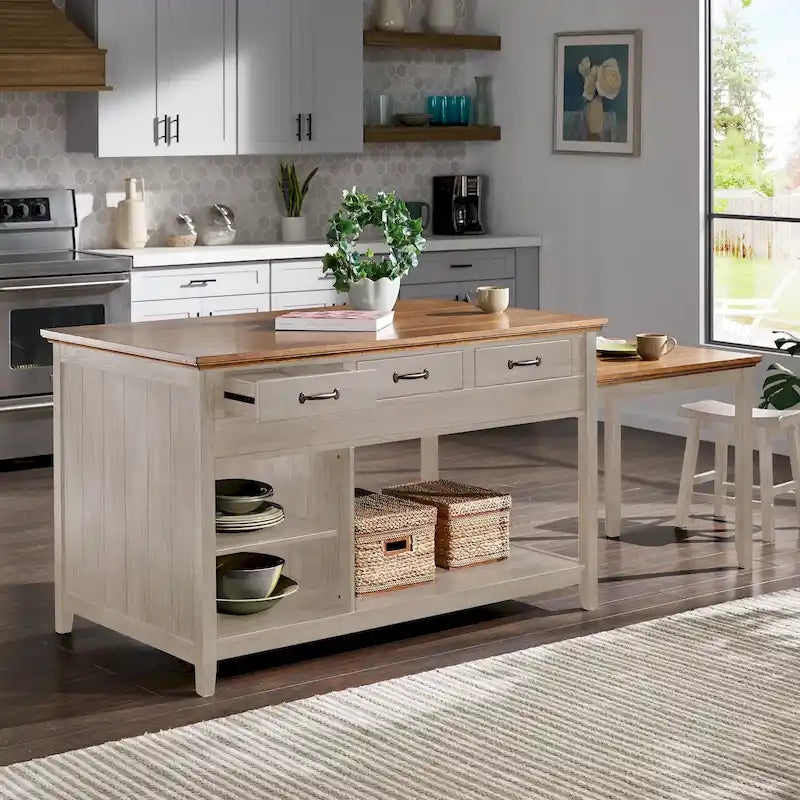 Îlot de cuisine extensible, finition antique bicolore, avec 3 tiroirs