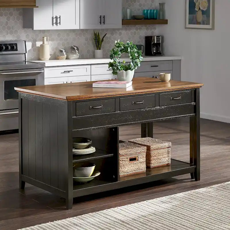 Îlot de cuisine extensible, finition antique bicolore, avec 3 tiroirs