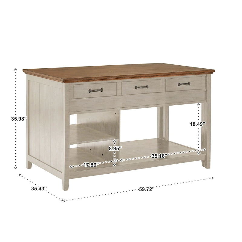 Îlot de cuisine extensible, finition antique bicolore, avec 3 tiroirs