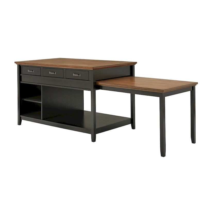 Îlot de cuisine extensible, finition antique bicolore, avec 3 tiroirs