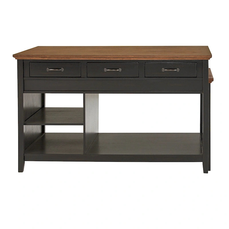 Îlot de cuisine extensible, finition antique bicolore, avec 3 tiroirs
