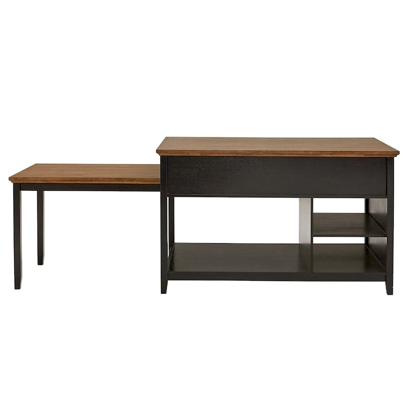 Îlot de cuisine extensible, finition antique bicolore, avec 3 tiroirs