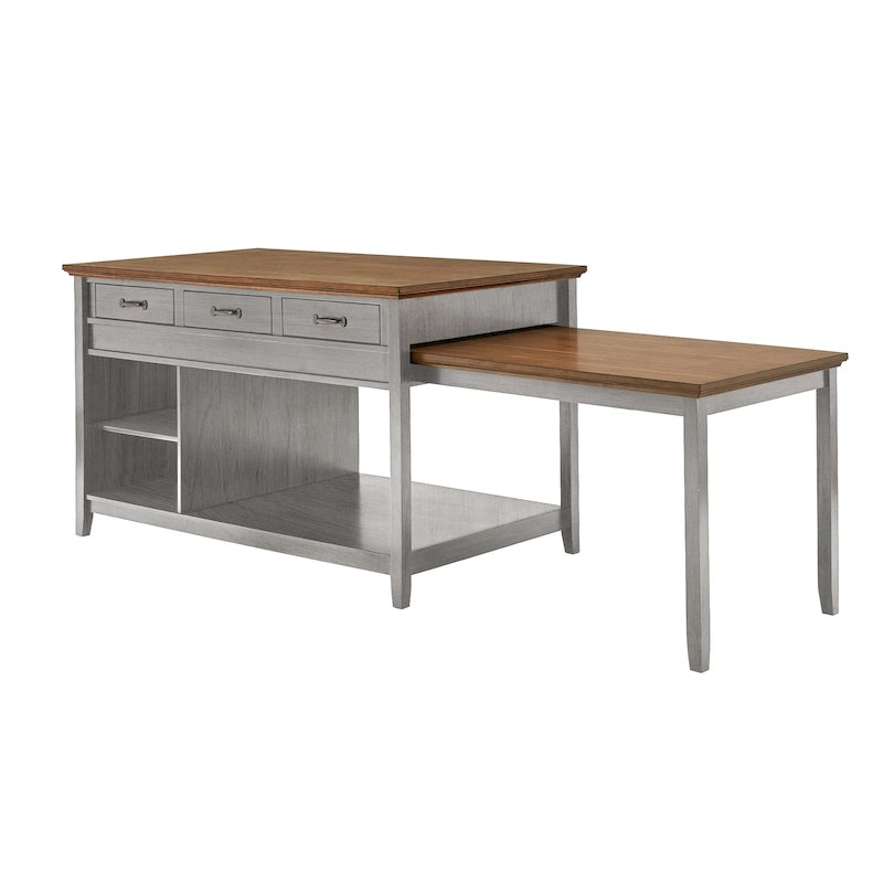 Îlot de cuisine extensible, finition antique bicolore, avec 3 tiroirs