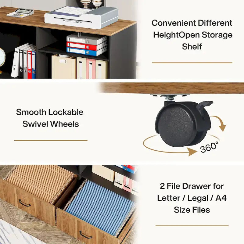 Ensemble de bureau d'angle exécutif et de meuble de classement mobile 63 pouces pour bureau à domicile