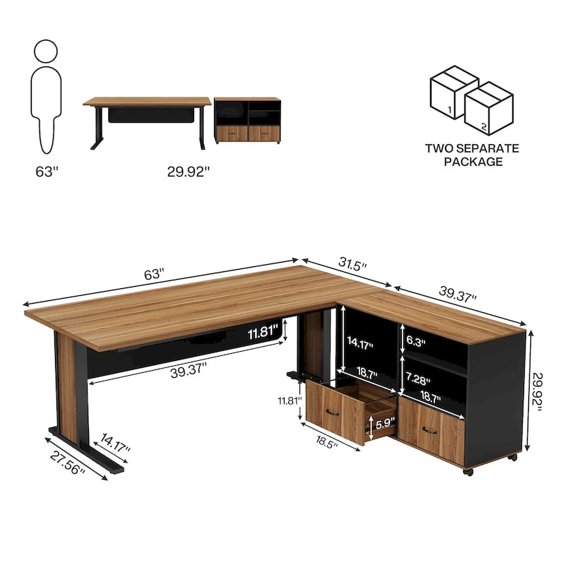 Ensemble de bureau d'angle exécutif et de meuble de classement mobile 63 pouces pour bureau à domicile