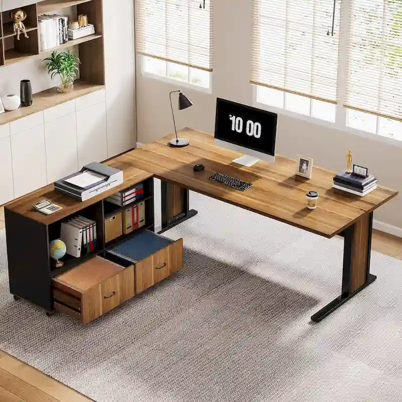 Ensemble de bureau d'angle exécutif et de meuble de classement mobile 63 pouces pour bureau à domicile