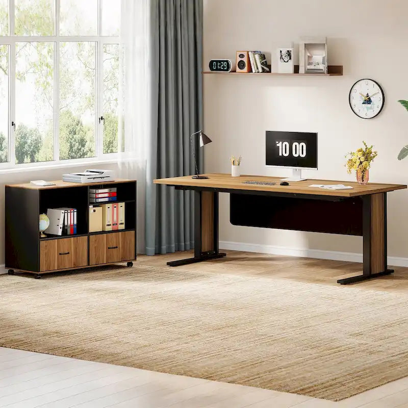 Ensemble de bureau d'angle exécutif et de meuble de classement mobile 63 pouces pour bureau à domicile