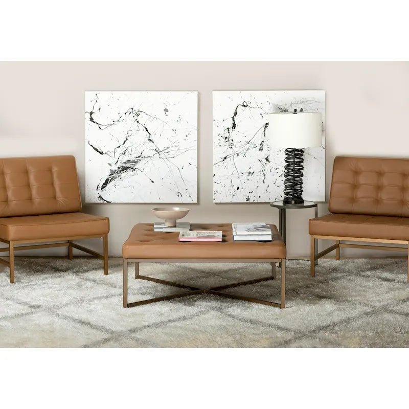 Grand pouf de cocktail en métal et cuir capitonné