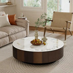 Table basse ronde moderne en faux marbre 35 po, plateau en pierre frittée blanche brillante, table du milieu du siècle avec tiroir en bois massif